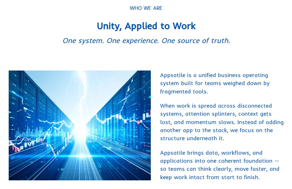 Appsatile About page section — 'Unity, Applied to Work'
