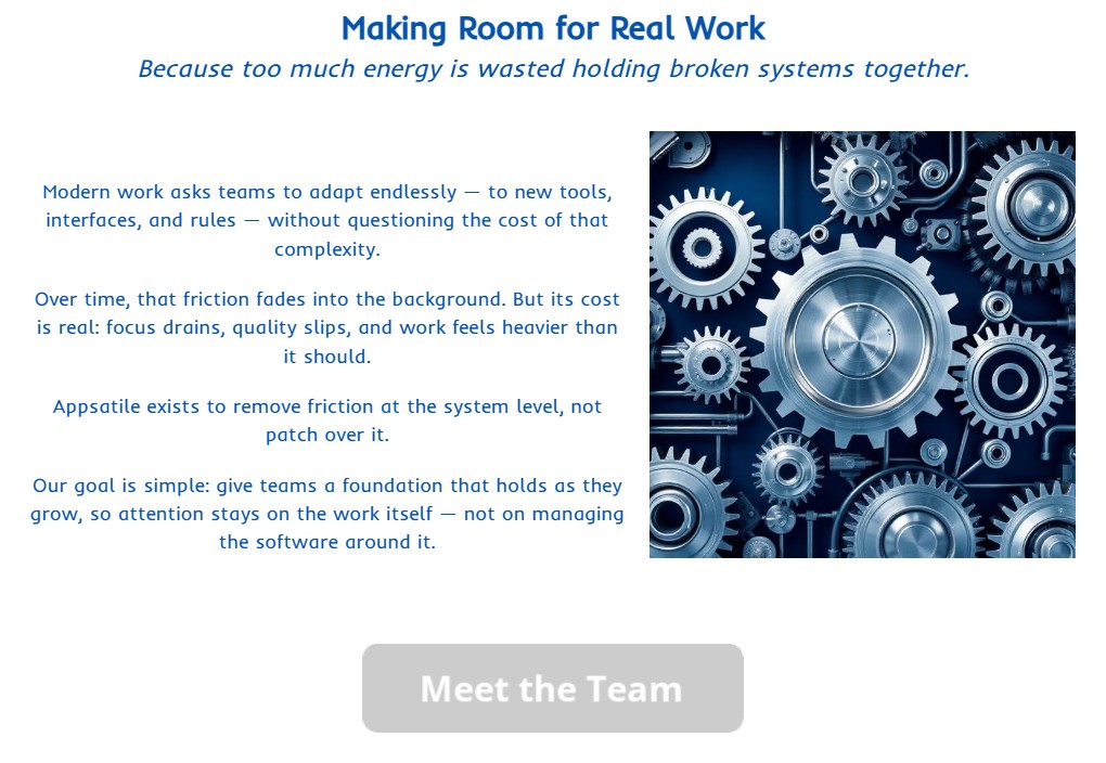 Appsatile About page section — 'Making Room for Real Work'