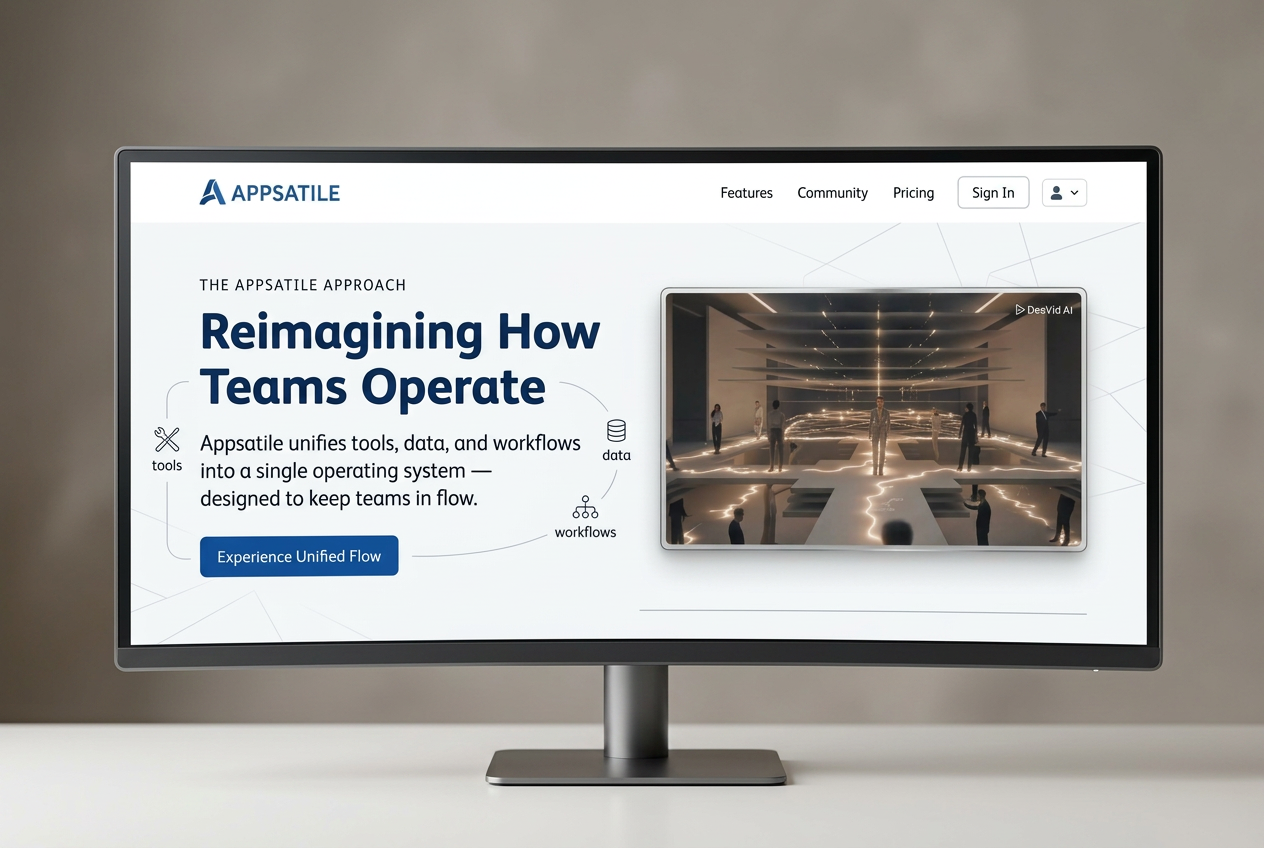 Appsatile About page shown as a designed website mockup