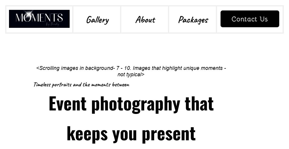 Homepage hero — 'Event photography that keeps you present'