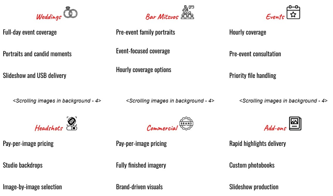 Packages section — weddings, bar mitzvos, events, headshots, commercial and add-ons