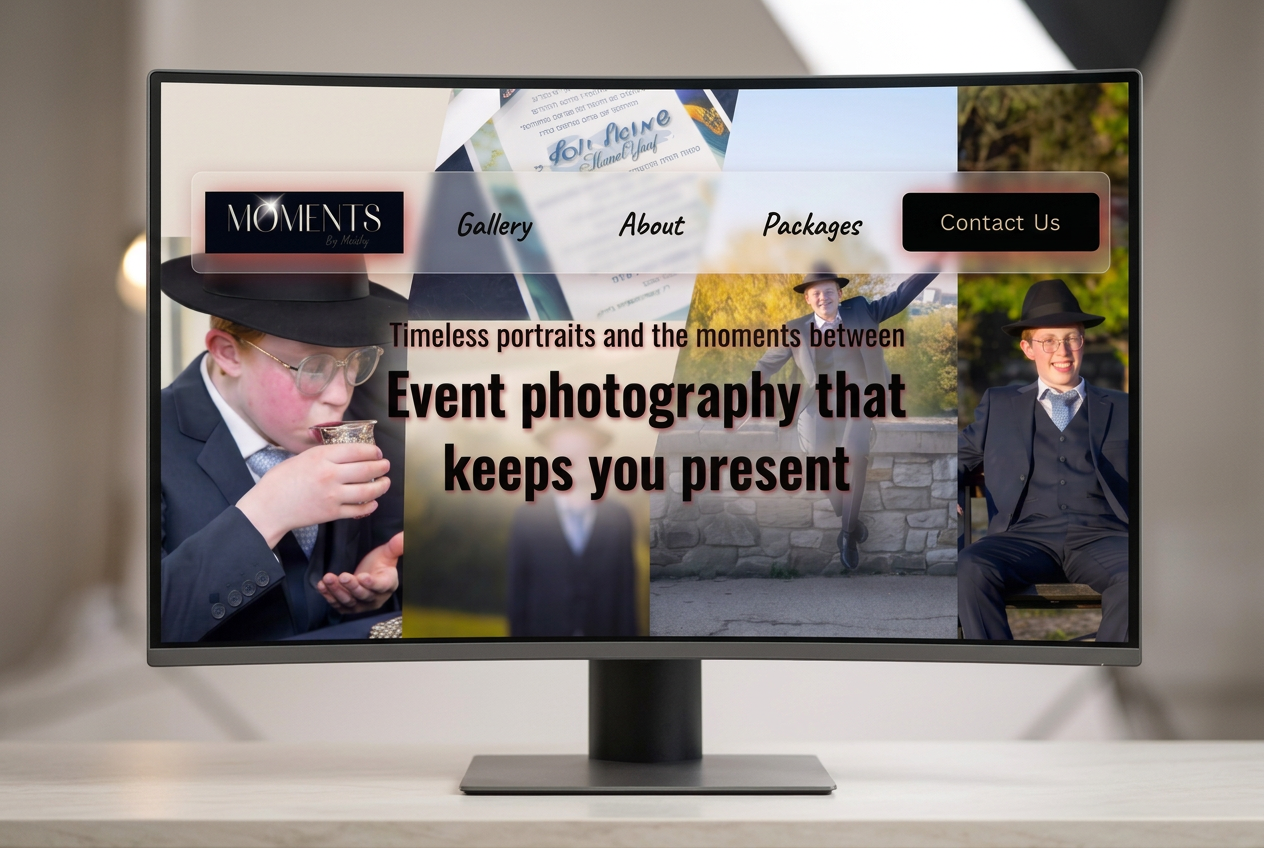 Moments by Moishy homepage shown on a monitor — 'Event photography that keeps you present'