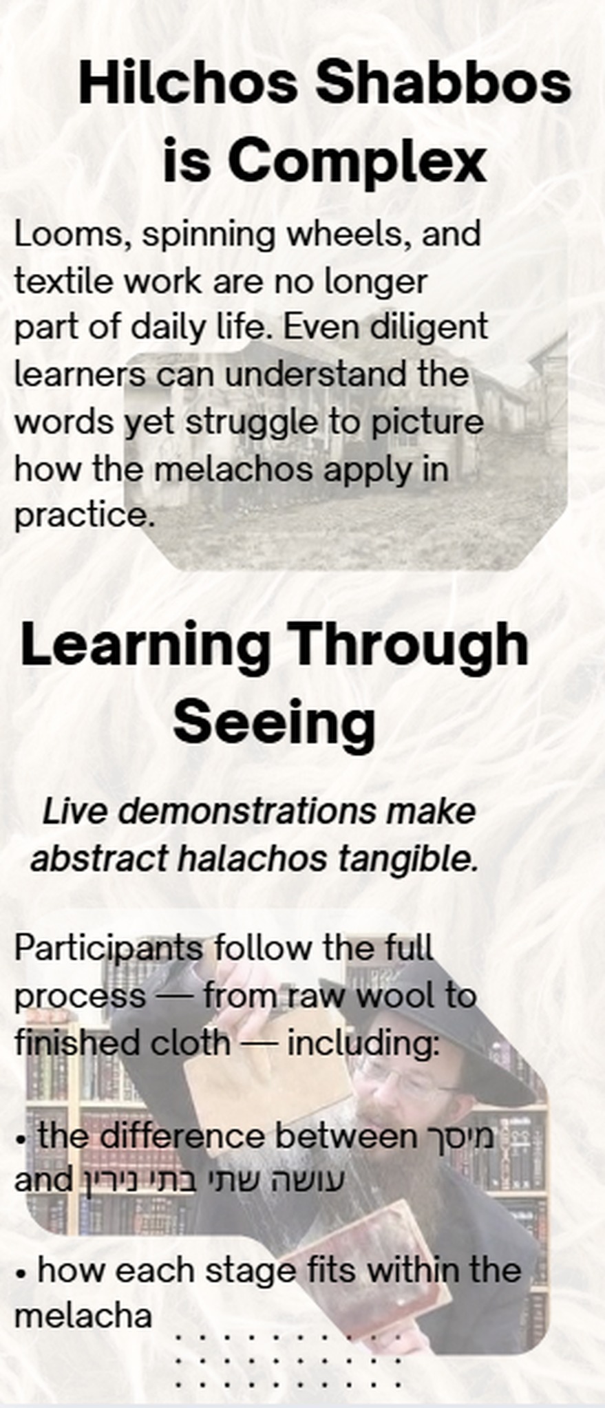 Brochure panel — 'Hilchos Shabbos is Complex' and 'Learning Through Seeing'