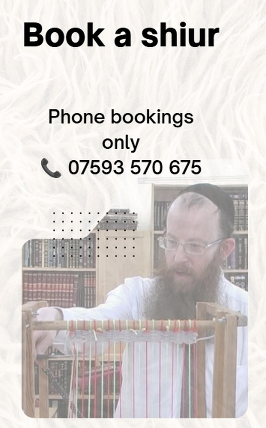 Brochure back panel — 'Book a shiur' with phone booking details