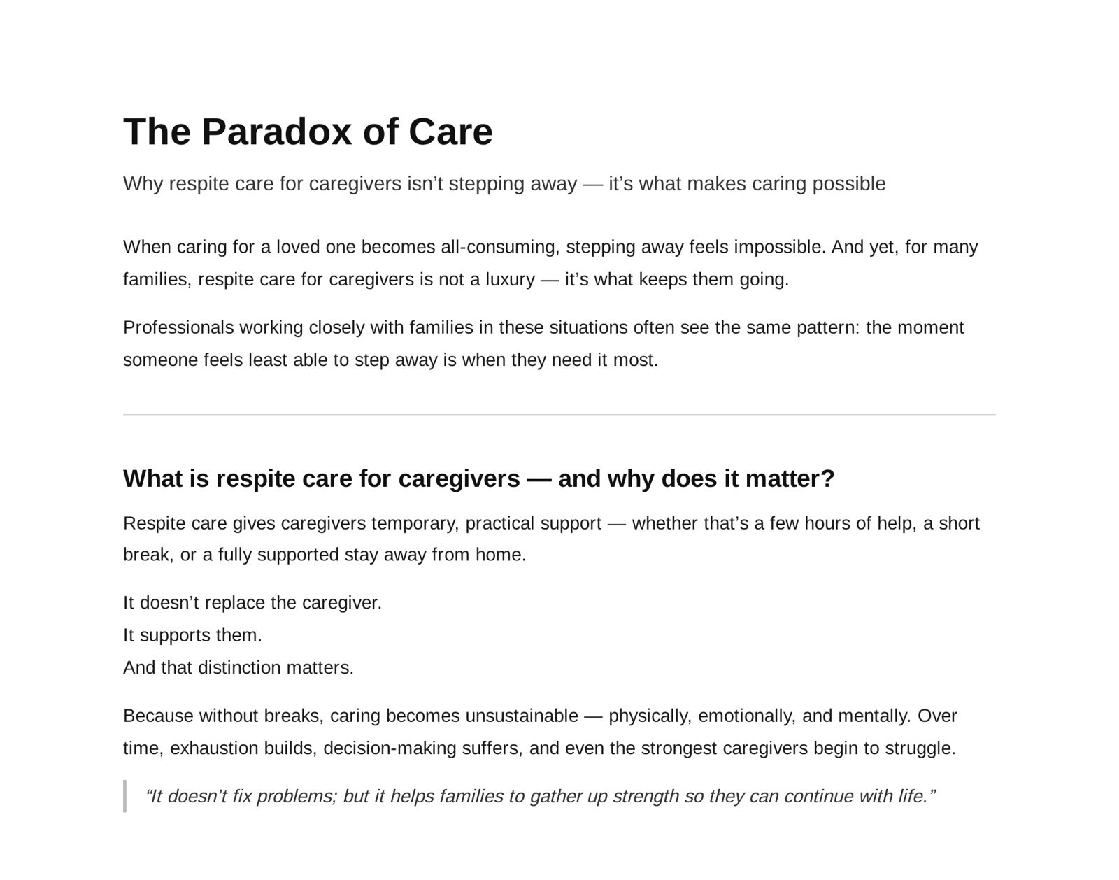 Opening of the article: 'The Paradox of Care' and an explanation of what respite care is