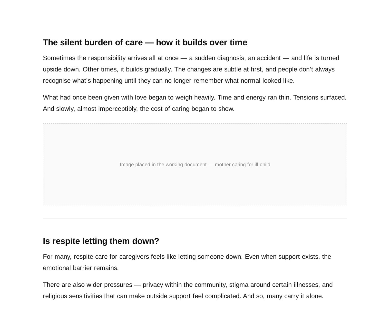 Section of the working document covering the silent burden of care and the emotional barrier to respite