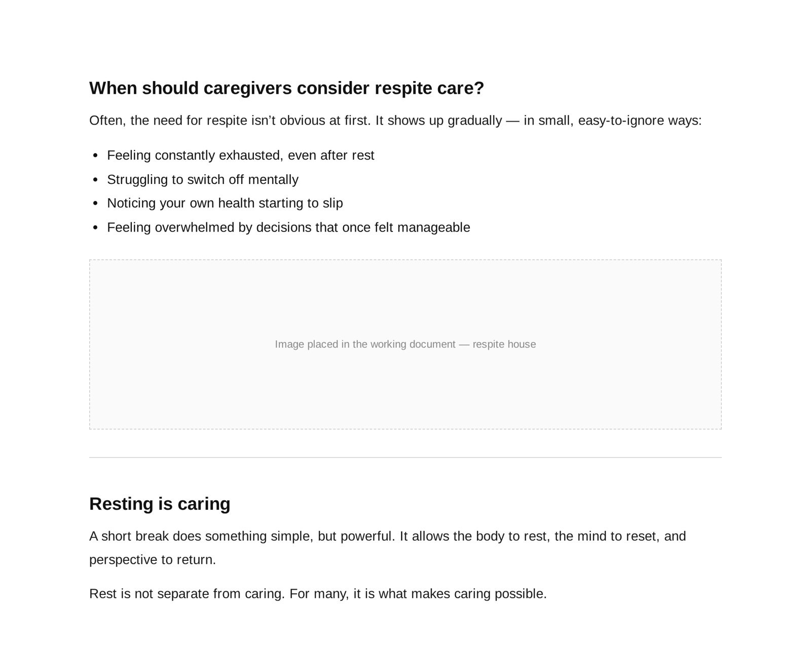Section of the working document listing signs a carer may need respite, followed by 'Resting is caring'
