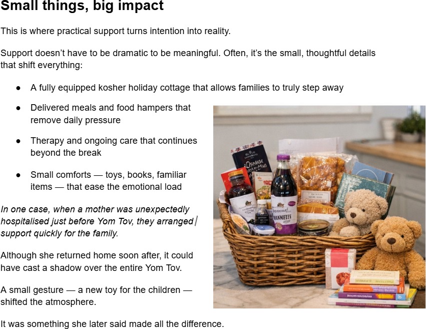 Section of the working document: 'Small things, big impact', listing practical forms of support alongside a photo of a food hamper