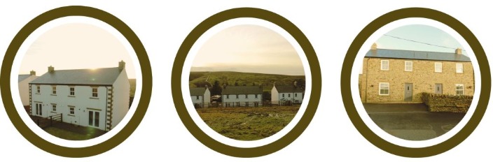 Three circular photographs of the Royal Respite holiday cottage and its surroundings