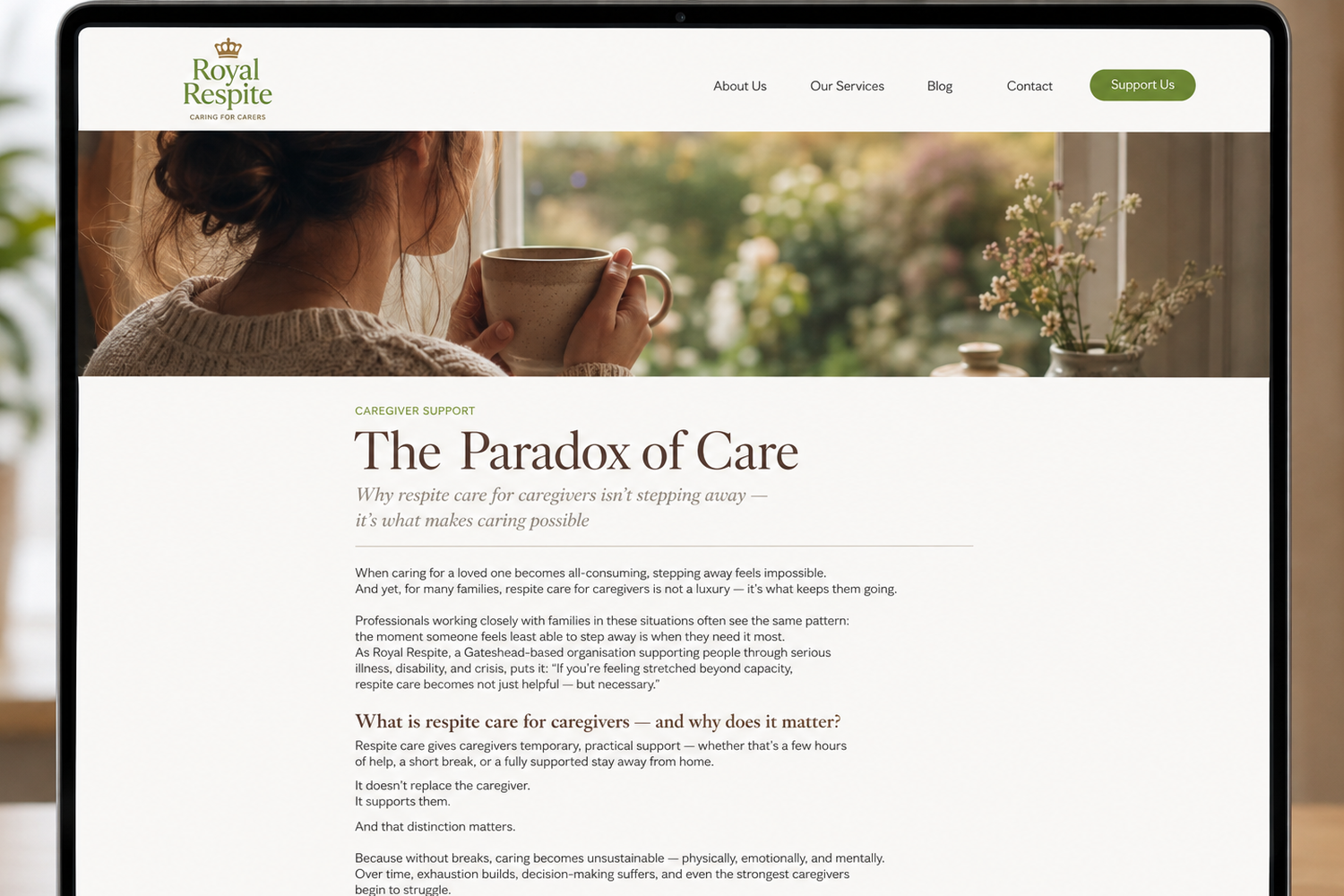 Royal Respite blog article shown as a designed website mockup — 'The Paradox of Care'